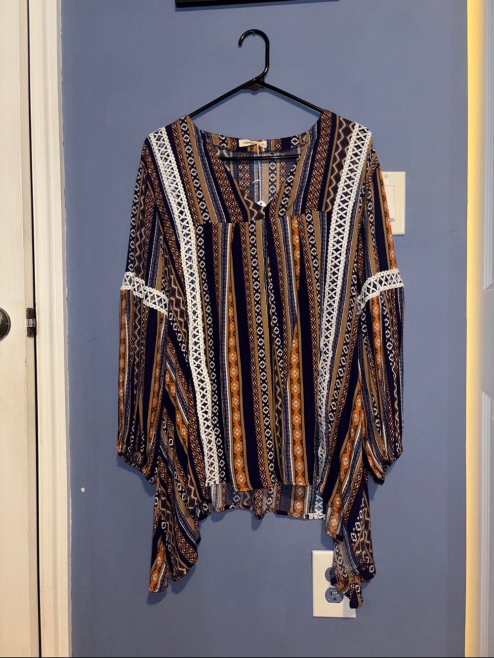 Boho Stripe Pintuck Peasant Blouse - Navy & Mustard